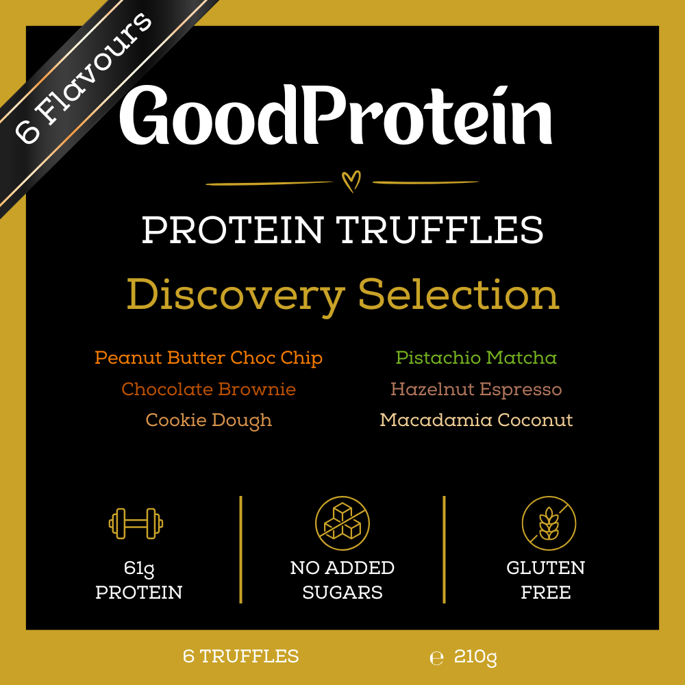 GoodProtein Discovery Selection Protein Truffles packaging graphic. The design features a black central panel with white and gold text, detailing flavors like Peanut Butter Choc Chip, Chocolate Brownie, Pistachio Matcha, Hazelnut Espresso, and Macadamia Coconut.