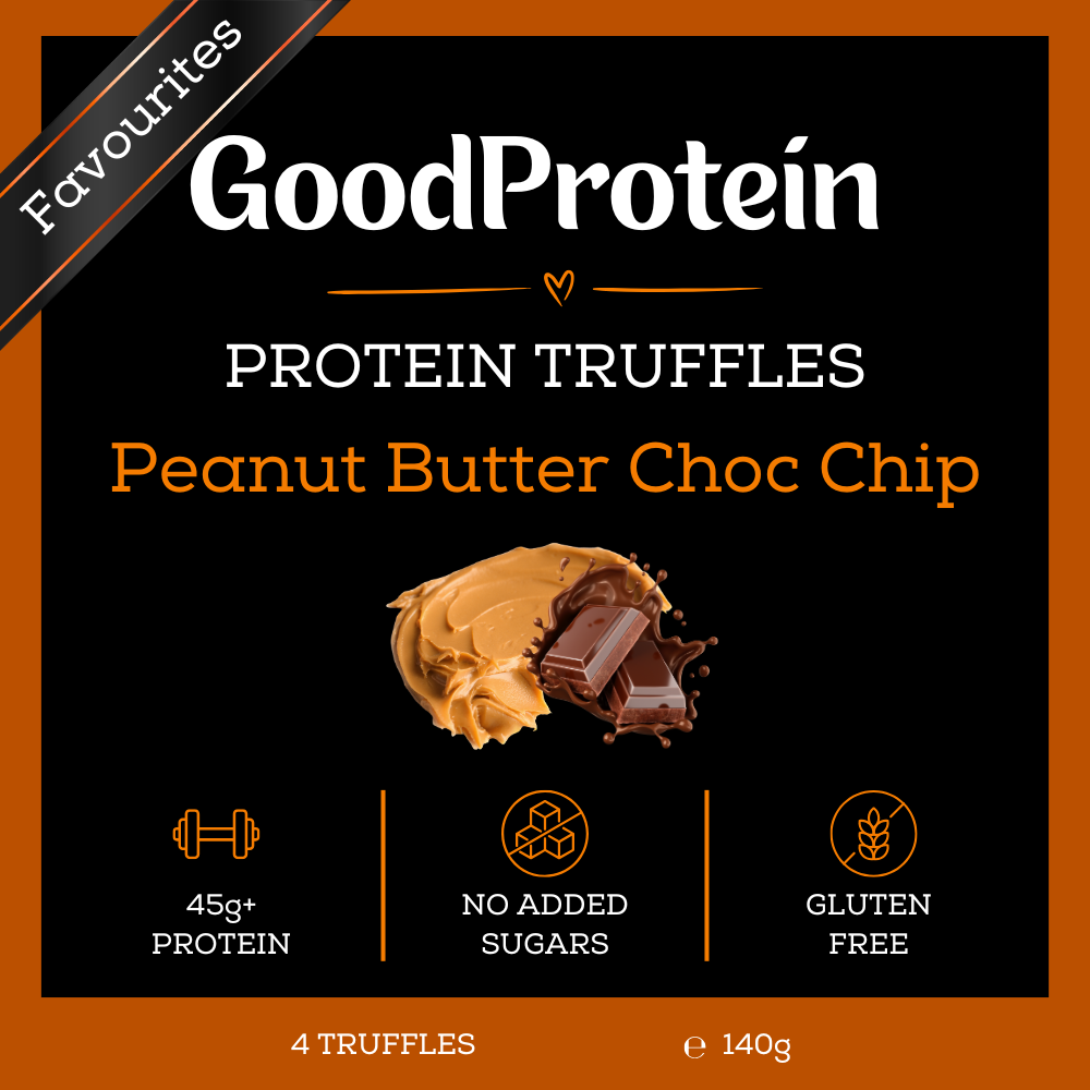 GoodProtein Protein Truffles Peanut Butter Choc Chip packaging, featuring a black background with white and orange text, a graphic of a truffle with peanut butter and chocolate, and three feature icons for protein, sugar, and gluten-free status.