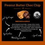 Promotional graphic for a Peanut Butter Choc Chip snack, featuring a chocolate-covered peanut butter piece at the top, a 4.5 Health Star Rating badge, and bullet points highlighting key product benefits on a black background with orange and white text.