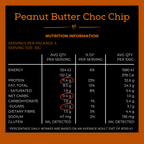 A nutrition information panel for Peanut Butter Choc Chip, showing serving size 35g and average quantities per serving and per 100g on a black background with orange text and border.